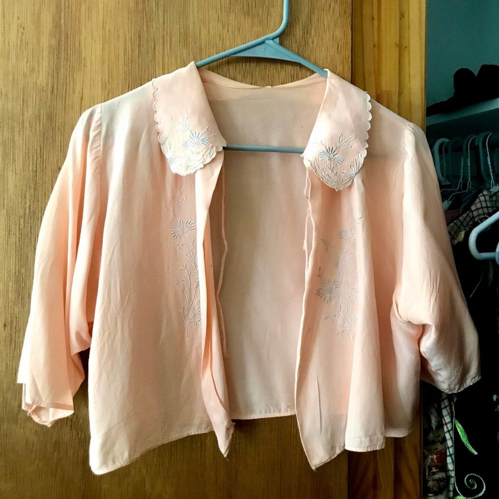 Vintage Embroidered Pink Silk Cropped Cardigan